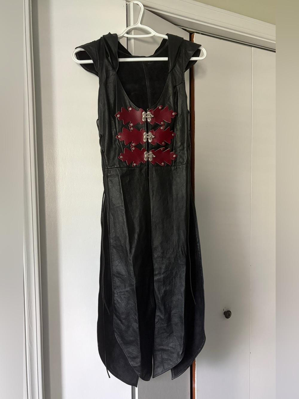 Black Leather Gothic Dress Coat with Red Accent Panels and Hood